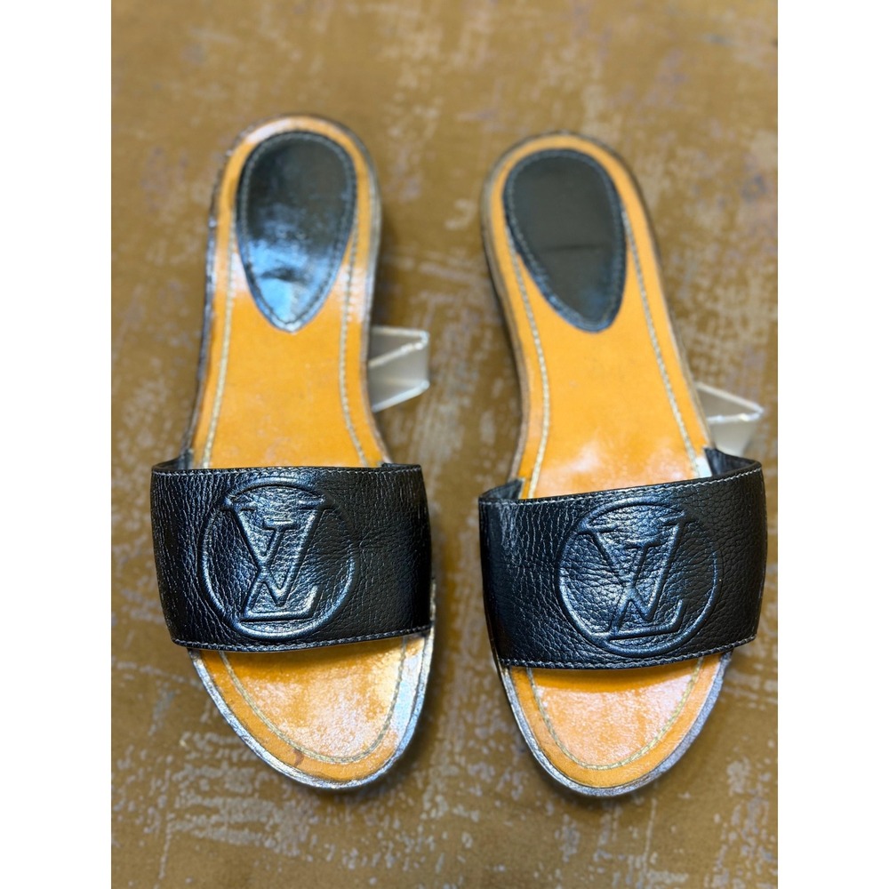 Louis Vuitton Black Leather Embossed LV Logo Slide Sandals NL0261 size 40